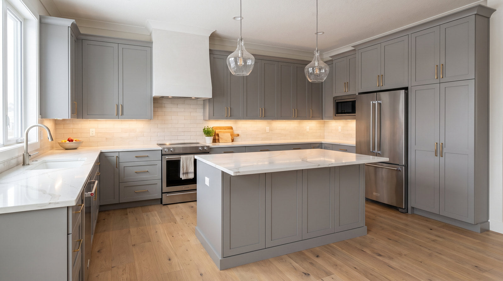 Illustrative Gray Shaker kitchen design, not an exact product installation