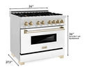 ZLINE Autograph Edition 36 in. 4.6 cu. ft. Legacy Dual Fuel Range with 6 Burner Gas Cooktop and Electric Convection Oven in Satin Stainless Steel with White Matte Door and Polished Gold Accents (RASZ-WM-36-G)