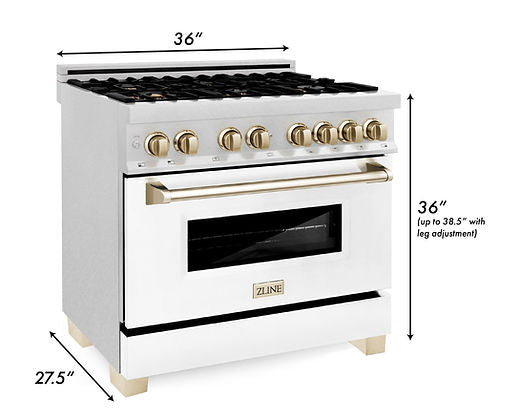 ZLINE Autograph Edition 36 in. 4.6 cu. ft. Legacy Dual Fuel Range with 6 Burner Gas Cooktop and Electric Convection Oven in Satin Stainless Steel with White Matte Door and Polished Gold Accents (RASZ-WM-36-G) Zline