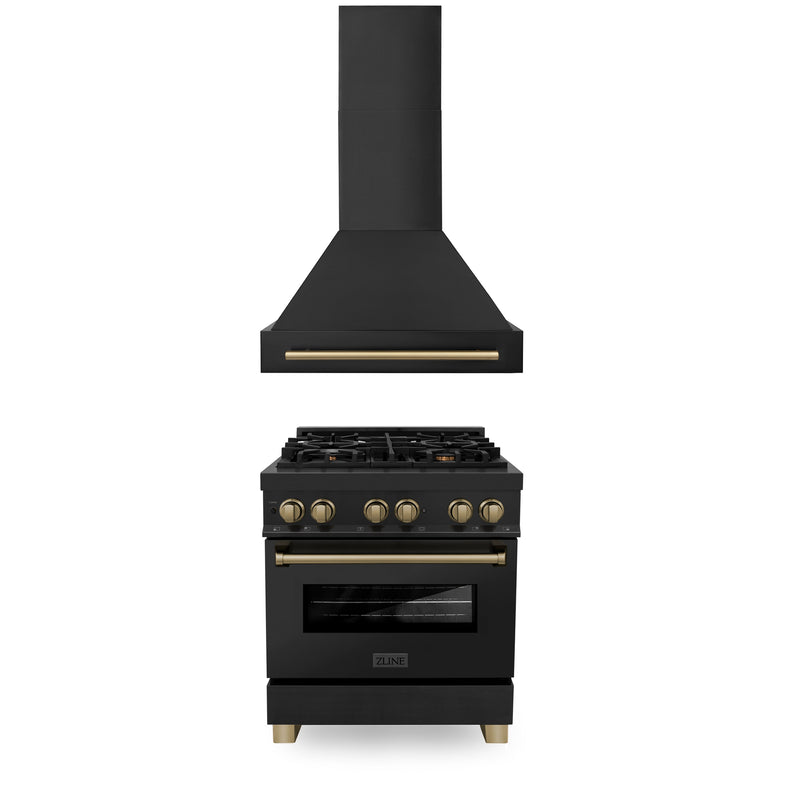 ZLINE 30" Autograph Edition Kitchen Package with Black Stainless Steel Dual Fuel Range and Range Hood with Champagne Bronze Accents ZLINE
