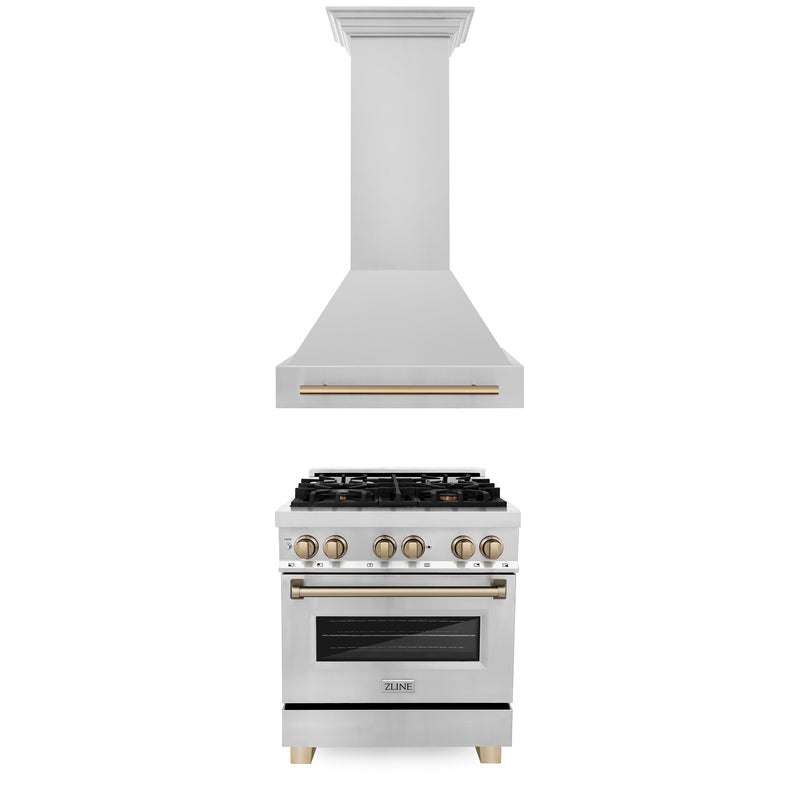 ZLINE 30" Autograph Edition Kitchen Package with Stainless Steel Dual Fuel Range and Range Hood with Champagne Bronze Accents ZLINE