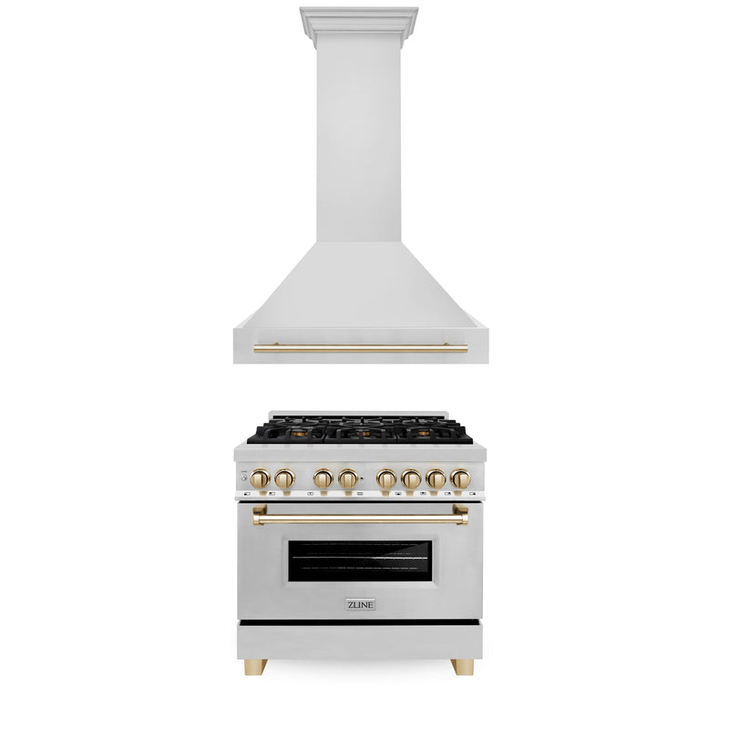 ZLINE 36" Autograph Edition Kitchen Package with Stainless Steel Dual Fuel Range and Range Hood with Polished Gold Accents ZLINE