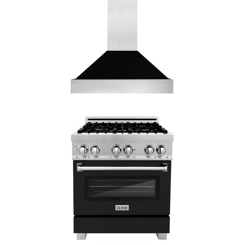 ZLINE 30" Kitchen Package with Fingerprint Resistant Stainless Steel Dual Fuel Range with Black Matte Door and Convertible Vent Range Hood ZLINE