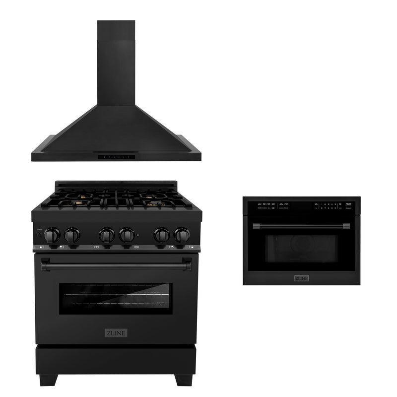 3 Piece Black Stainless Steel Bundle with Range, Range Hood and Microwave Oven (3KP-RABRHMWO-30) ZLINE