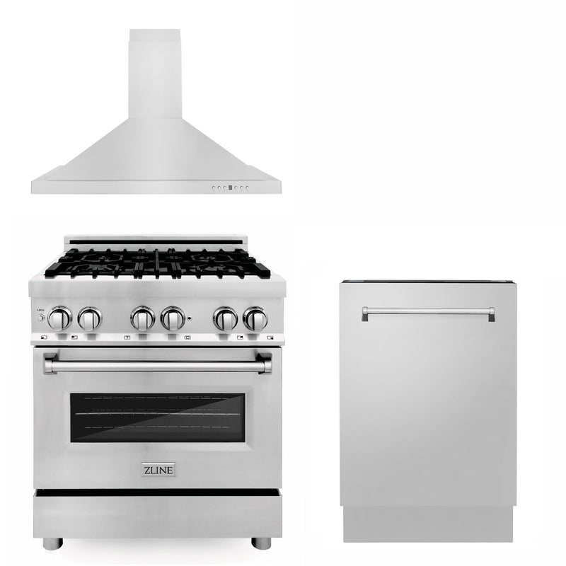 ZLINE 30" Kitchen Package with Stainless Steel Dual Fuel Range Convertible Vent Range Hood and Tall Tub Dishwasher ZLINE