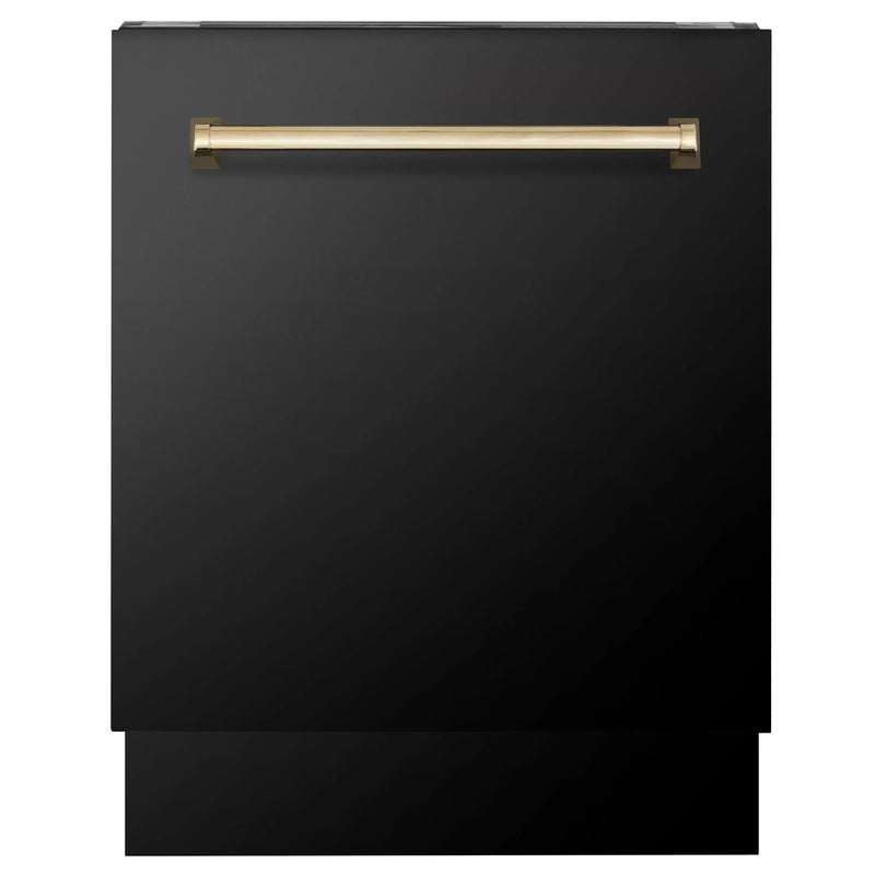 ZLINE Autograph Edition 24" Tallac Series 3rd Rack Top Control Built-In Tall Tub Dishwasher in Black Stainless Steel with Polished Gold Handle, 51dBa (DWVZ-BS-24-G) Zline