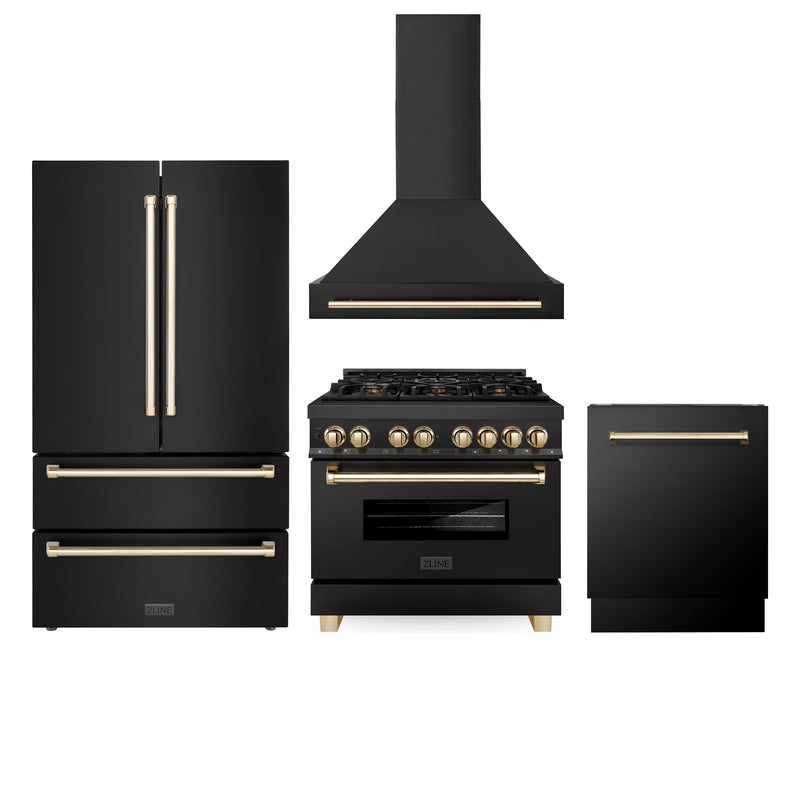 ZLINE 36" Autograph Edition Kitchen Package with Black Stainless Steel Dual Fuel Range Range Hood Dishwasher and Refrigeration with Polished Gold Accents ZLINE