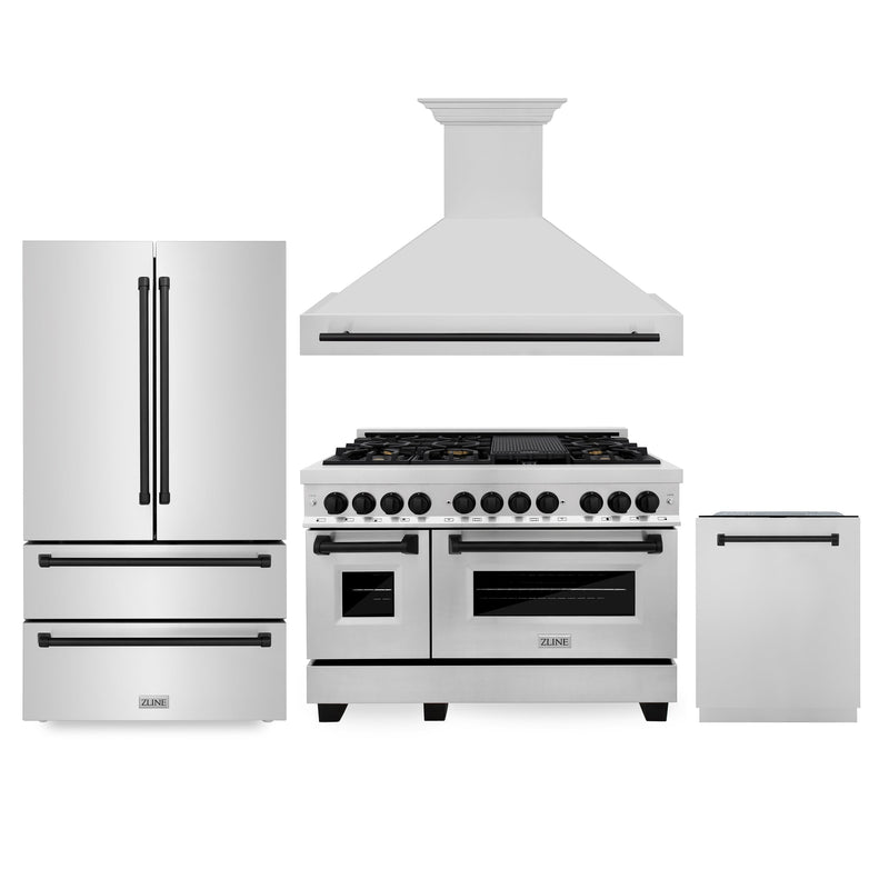 ZLINE 48" Autograph Edition Kitchen Package with Stainless Steel Dual Fuel Range Range Hood Dishwasher and Refrigeration with Matte Black Accents ZLINE