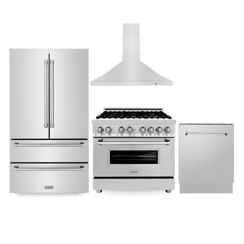 ZLINE Kitchen Package with Refrigeration 36" Stainless Steel Dual Fuel Range 36" Convertible Vent Range Hood and 24" Tall Tub Dishwasher ZLINE