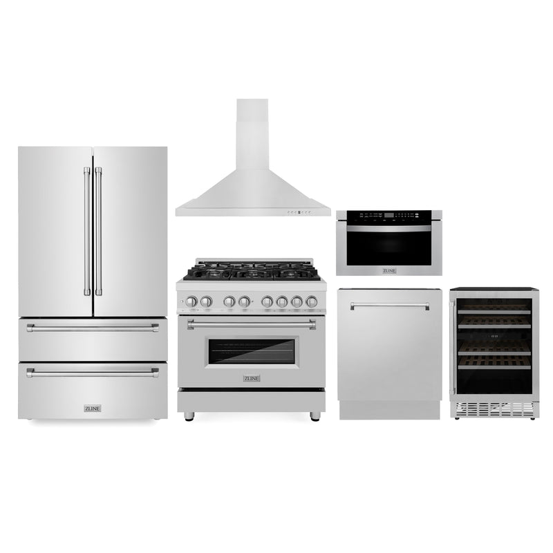 ZLINE Kitchen Package with Refrigeration 36" Stainless Steel Dual Fuel Range 36" Range Hood Microwave Drawer 24" Tall Tub Dishwasher and Wine Cooler ZLINE