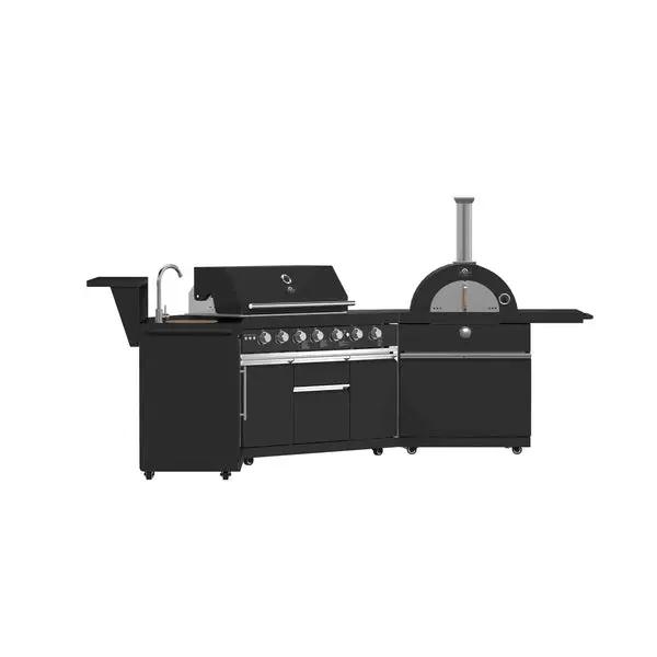 Forno All'Aperto Outdoor Kitchen Set with 87,600 BTU BBQ, Sink & Bar Module, Gas Pizza Oven, Black Sintered Stone Countertops in Black Forno