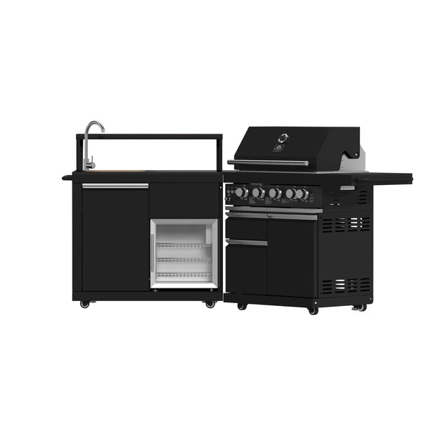 Parrilla Forno All'Aperto de 62,600 BTU con 3 quemadores de acero inoxidable y quemadores infrarrojos, módulo de fregadero con encimeras de piedra sinterizada negra, barra y centro de bebidas (FODKT2582BLK)