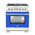 Forno Capriasca 30-Inch Freestanding Dual Fuel Range, 4 Burners, True Convection Oven, Blue Door