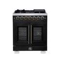 Forno Capriasca 30-Inch Freestanding French Door Dual Fuel Range in Black with Antique Brass Accessories, 5 Burners, True Convection Oven