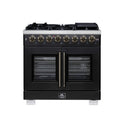 Forno Capriasca 36 Inch Freestanding French Door Dual Fuel Range in Black with Antique Brass Accessories, 6 Burners, True Convection Oven