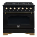 Forno Antico 36-inch Dual Fuel Range, Black and Antique Brass, 6 Burners, 4.5 cu.ft. Convection Oven