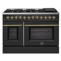 Galiano 48-inch Dual Fuel Range Black & Antique Brass Design with 8 Sealed Burners 107,000 BTU, 6.58 cu. ft. double ovens & Griddle