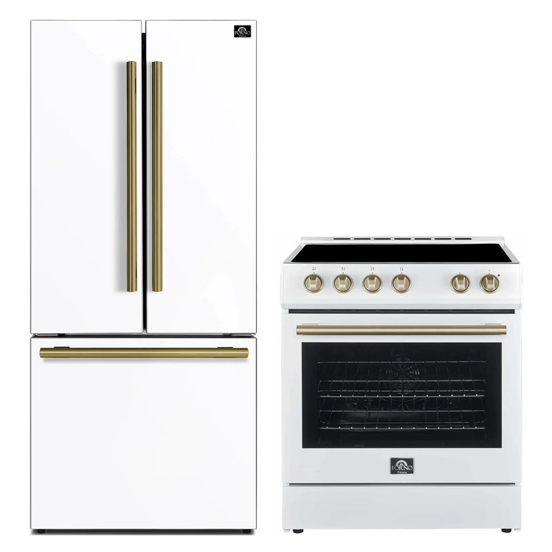 Forno 2-Piece Appliance Package - 30-Inch Electric Range and 30-Inch Refrigerator in White with Antique Brass Handle (FBDL-003-11US)