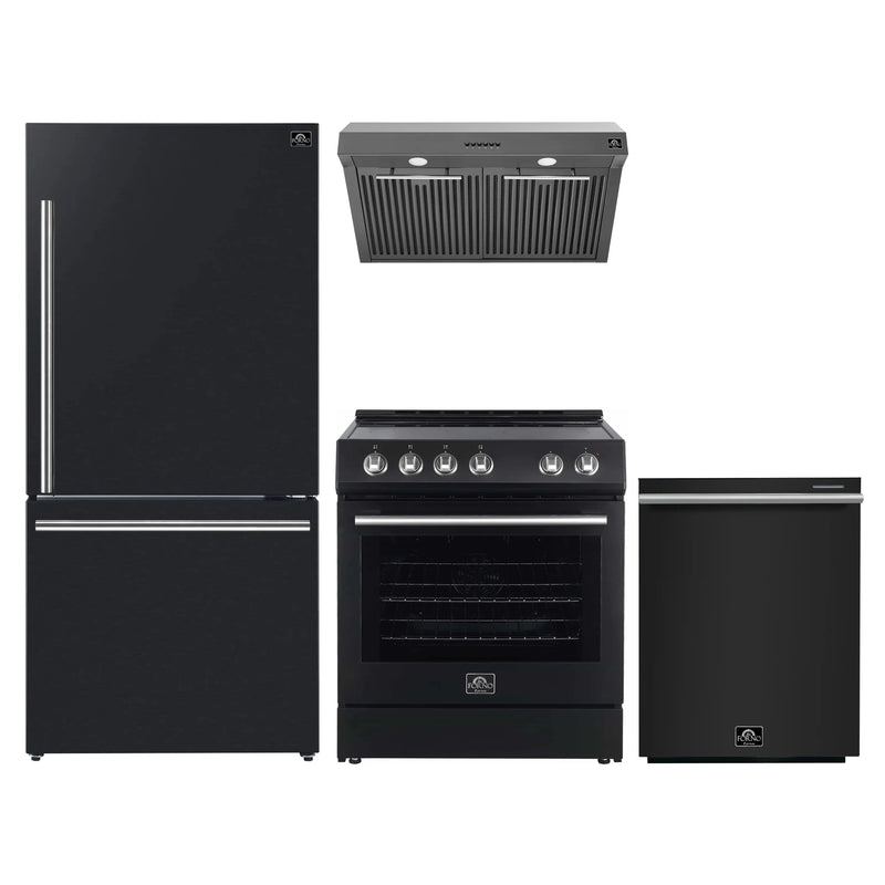 FORNO 4-Piece Appliance Package- 30-Inch Electric Range, Under Cabinet Range Hood, 31-Inch Refrigerator, and Built-In Dishwasher in Black with Stainless Steel Trim (FBDL-006-02US)