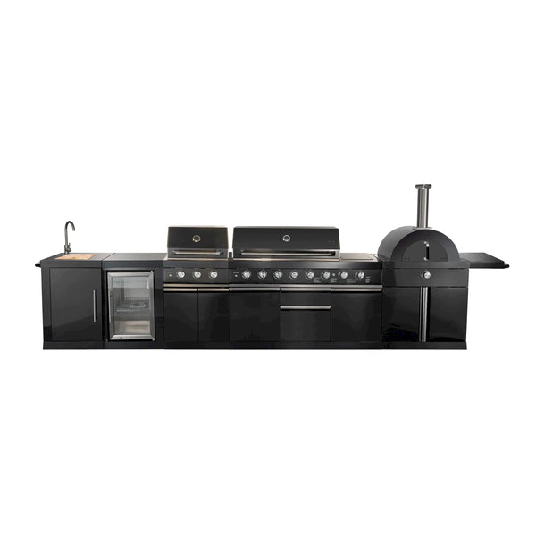 Forno All'Aperto Outdoor Kitchen Set with 99,600 BTU BBQ with 5 Stainless-Steel Burners, Infrared Burners & Side Burner, Plancha, Gas Pizza Oven, Sink & Bar Module with Black Sintered Stone Countertops (FODKT2568BLK)