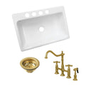 Towne 33-Inch Cast Iron Undermount Single Bowl Kitchen Sink with Deck Mount Bridge Kitchen Faucet with Brass Side Sprayer and Basket Strainer, Brushed Brass
