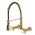 Kingston Tulare GS1247ZX - Millennium Double-Handle 2-Hole Wall-Mount Pre-Rinse Bridge Kitchen Faucet, Brushed Brass