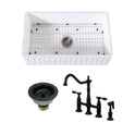 Arcticstone 30-Inch White Stone Single Bowl Farmhouse Kitchen Sink with Deck Mount Bridge Kitchen Faucet with Brass Side Sprayer and Basket Strainer, Matte Black