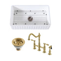 Arcticstone 30-Inch White Stone Single Bowl Farmhouse Kitchen Sink with Deck Mount Bridge Kitchen Faucet with Brass Side Sprayer and Basket Strainer, Brushed Brass