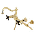 Kingston Heirloom KS1242PKXBS - Duchess Two-Handle 3-Hole Wall Mount Bridge Kitchen Faucet with Brass Sprayer, Polished Brass
