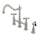 Kingston Heirloom KS1278BEXBS - Essex Two-Handle 4-Hole Deck Mount Bridge Kitchen Faucet with Brass Sprayer, Brushed Nickel