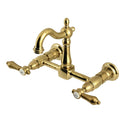 Kingston Heirloom KS2447BAL - Heirloom Two-Handle 2-Hole Wall Mount Bridge Kitchen Faucet, Brushed Brass