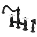 Kingston Heirloom KS3270PXBS - Restoration Two-Handle 4-Hole Deck Mount Bridge Kitchen Faucet with Brass Sprayer, Matte Black