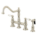 Kingston Heirloom KS3276PLBS - Restoration Two-Handle 4-Hole Deck Mount Bridge Kitchen Faucet with Brass Sprayer, Polished Nickel