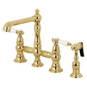 Kingston Tulare KS7272BPLBS - Bel-Air Two-Handle 4-Hole Deck Mount Bridge Kitchen Faucet with Brass Sprayer, Polished Brass
