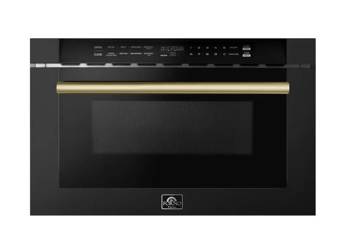 FORNO Espresso Capoliveri 24" 1.2 cu. ft. Built-In Microwave Drawer in Black with Antique Brass Handles, FMWDR3000-24BLK Forno