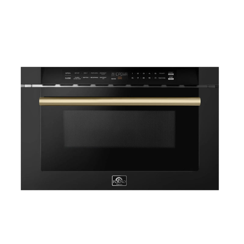 FORNO FMWDR3000-24BLK black microwave drawer with antique brass handle, front view