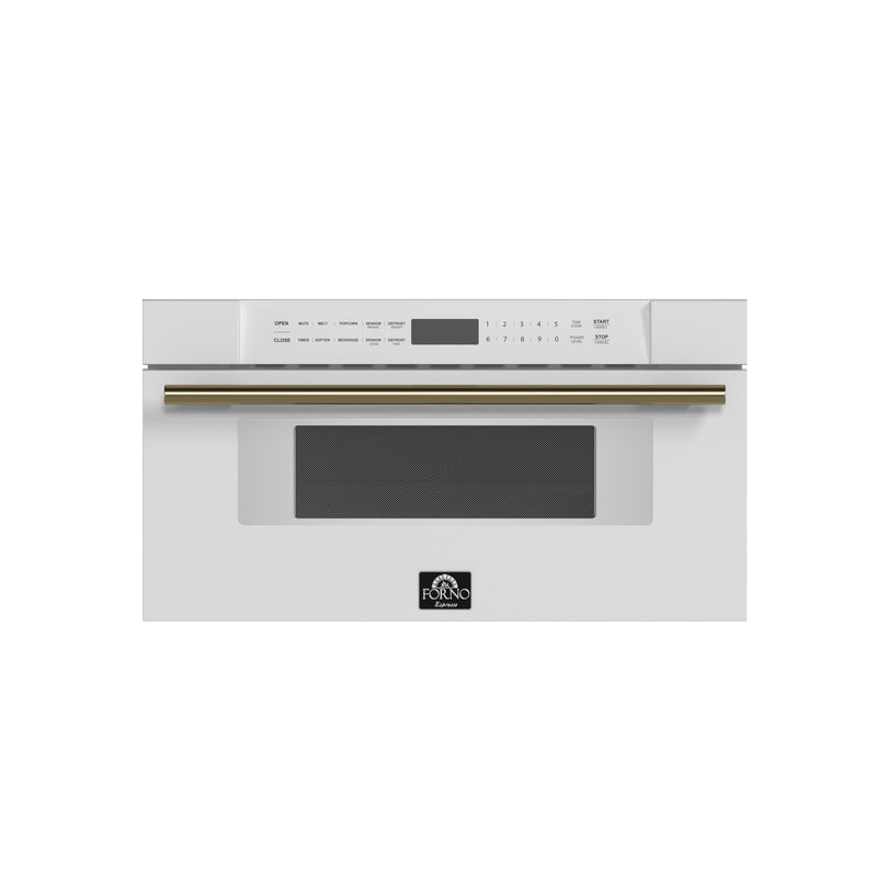 FORNO FMWDR3000-30WHT white 30-inch microwave drawer with antique brass handle, front view