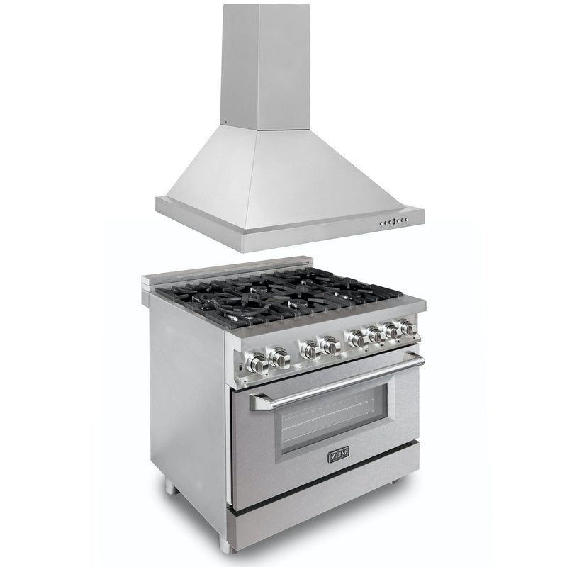ZLINE 36 in. Kitchen Package with Satin Stainless Steel Dual Fuel Range and Convertible Vent Range Hood (2KP-RASNRH36)