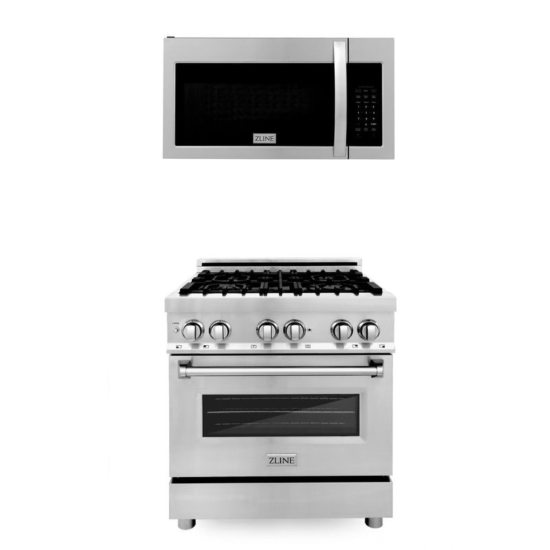 ZLINE 30" Kitchen Package with Stainless Steel Dual Fuel Range and Over The Range Microwave with Modern Handle ZLINE