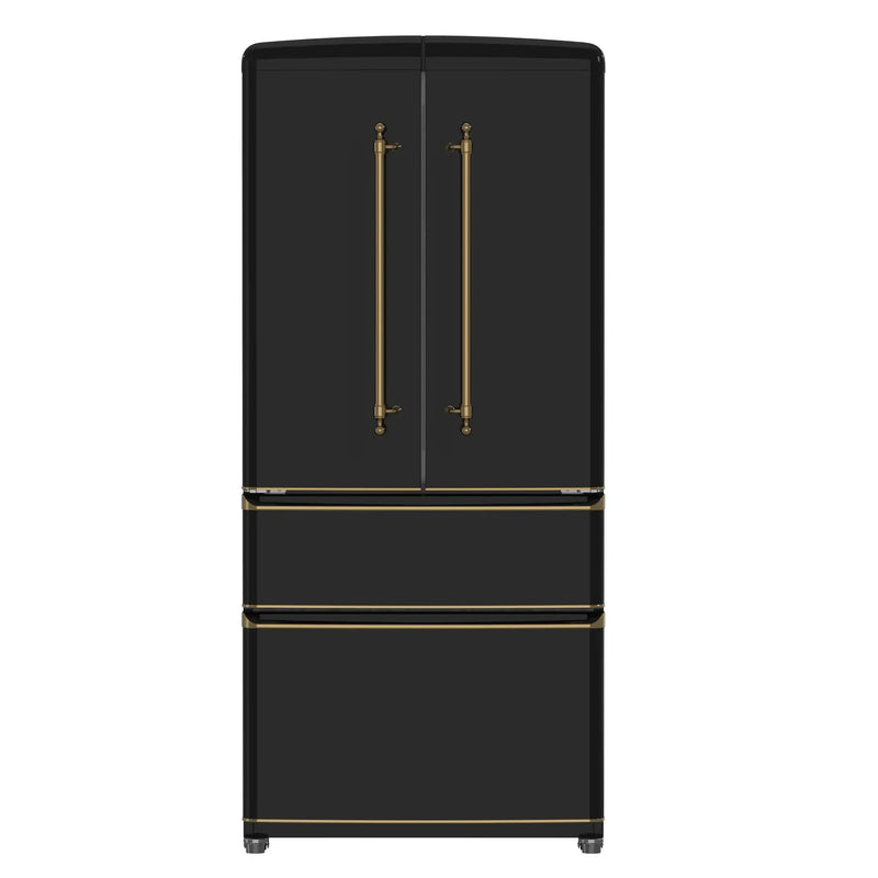 Forno Luigi 33-Inch 18 cu.ft. French Door Refrigerator in Black with Antique Brass Handles (FFFFD1791-33BLK) Forno