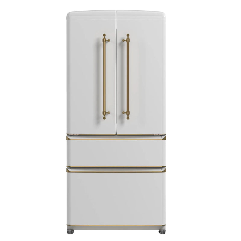 Forno Luigi 33-Inch 18 cu.ft. French Door Refrigerator in White with Antique Brass Handles Forno