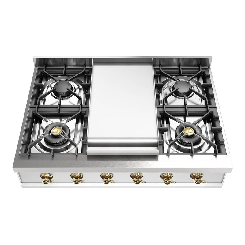 ILVE UHCP36FNSSG Nostalgie II 36 inch Built-In Gas Rangetop with 6 Burners and Griddle, in Stainless Steel  (Natural Gas, Brass)