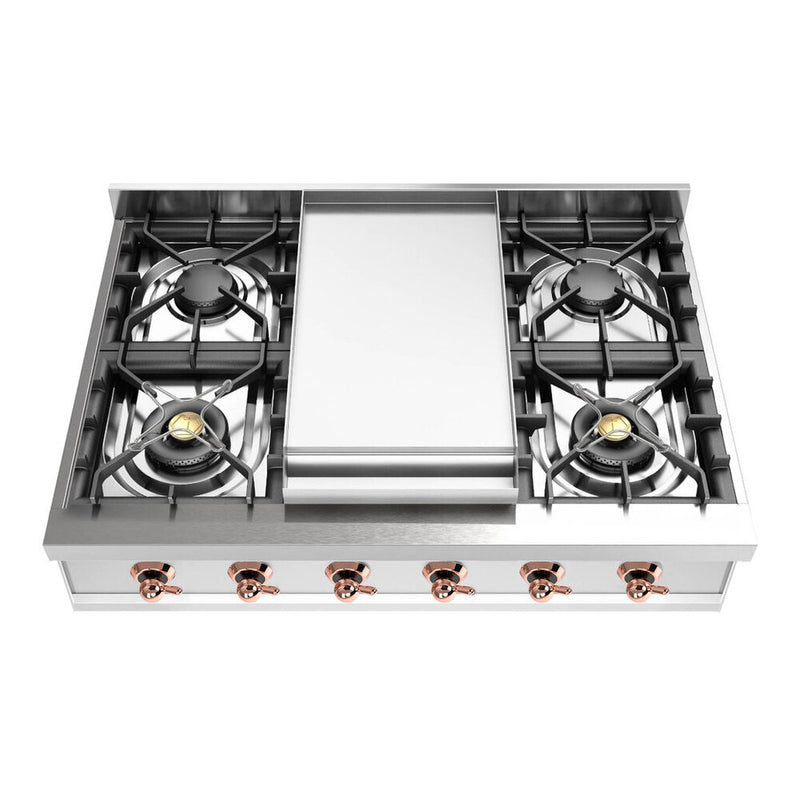 ILVE UHCP36FNSSP Nostalgie II 36 inch Built-In Gas Rangetop with 6 Burners and Griddle, in Stainless Steel  (Natural Gas, Copper)