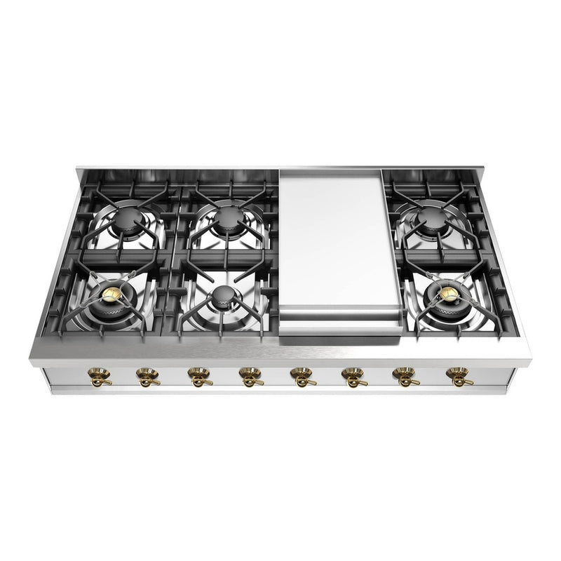 ILVE UHCP48FNSSGLP Nostalgie II 48 inch Built-In Gas Rangetop with Griddle, in Stainless Steel (Liquid Propane, Brass)