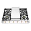 ILVE UHCP965FNSSGLP Nostalgie II 36 inch Built-In Gas Cooktop with Griddle, in Stainless Steel (Liquid Propane, Brass)