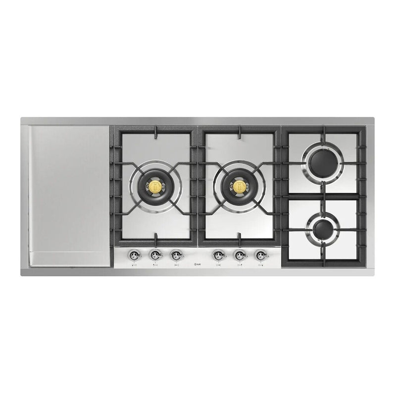 ILVE UHCPT125FNSSC Nostalgie II 48 inch Built-In Gas Cooktop with Total Black Brass Burners, in Stainless Steel  (6 Sealed Burners + Left Griddle, Natural Gas, Chrome)