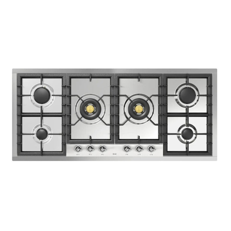 ILVE UHCPT125NSSCLP Nostalgie II 48 inch Built-In Gas Cooktop with Total Black Brass Burners, in Stainless Steel  (6 Sealed Burners, Liquid Propane, Chrome)