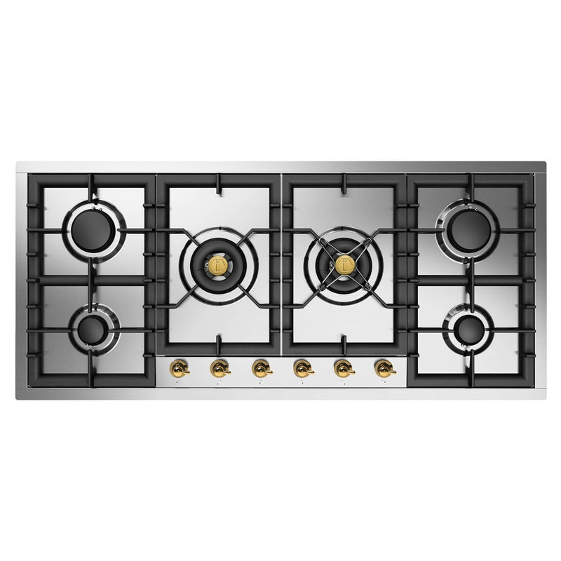 ILVE UHCPT125NSSG Nostalgie II 48 inch Built-In Gas Cooktop with Total Black Brass Burners, in Stainless Steel  (6 Sealed Burners, Natural Gas, Brass)