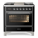 ILVE UM09FDNS3BKC Majestic II 36 inch Dual Fuel Range with 6 Black Brass Burners, Griddle (Triple Glass Door, Glossy Black, Chrome, Natural Gas)