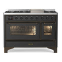 ILVE UM12FDNS3MGB Majestic II 48 inch Dual Fuel Range with 8 Black Brass Burners, Griddle (Natural Gas, Triple Glass Door, Graphite Matte, Burnished)